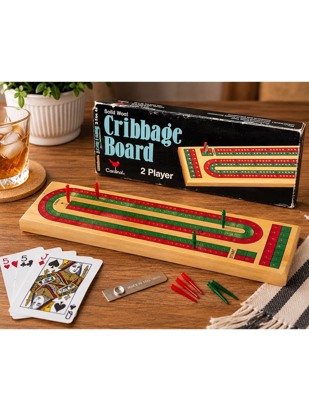 Vintage Cardinal Solid Wood Cribbage Board 2 Player Complete With Pegs Original